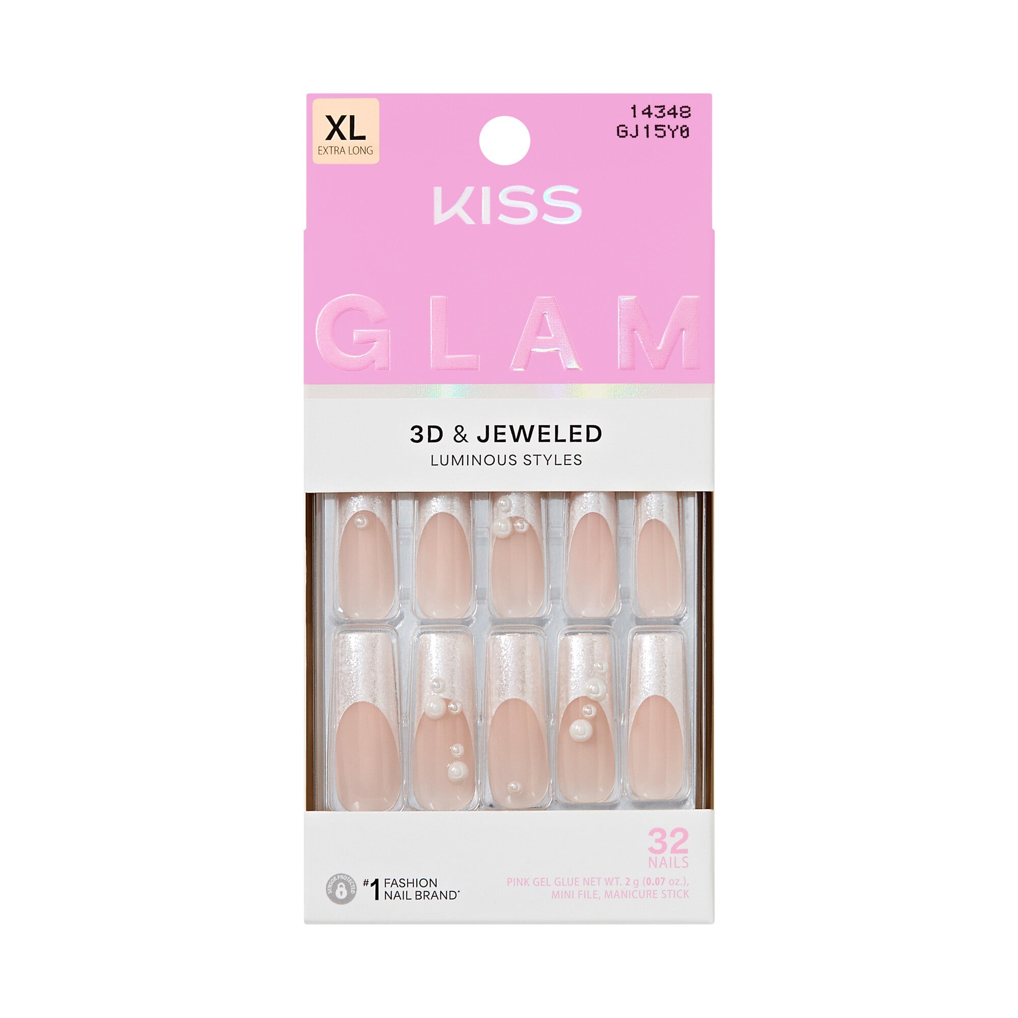 KISS GLAM XL Square Glue-On Nails – Nude, Pearl & Rhinestones - I Want Attention official pack