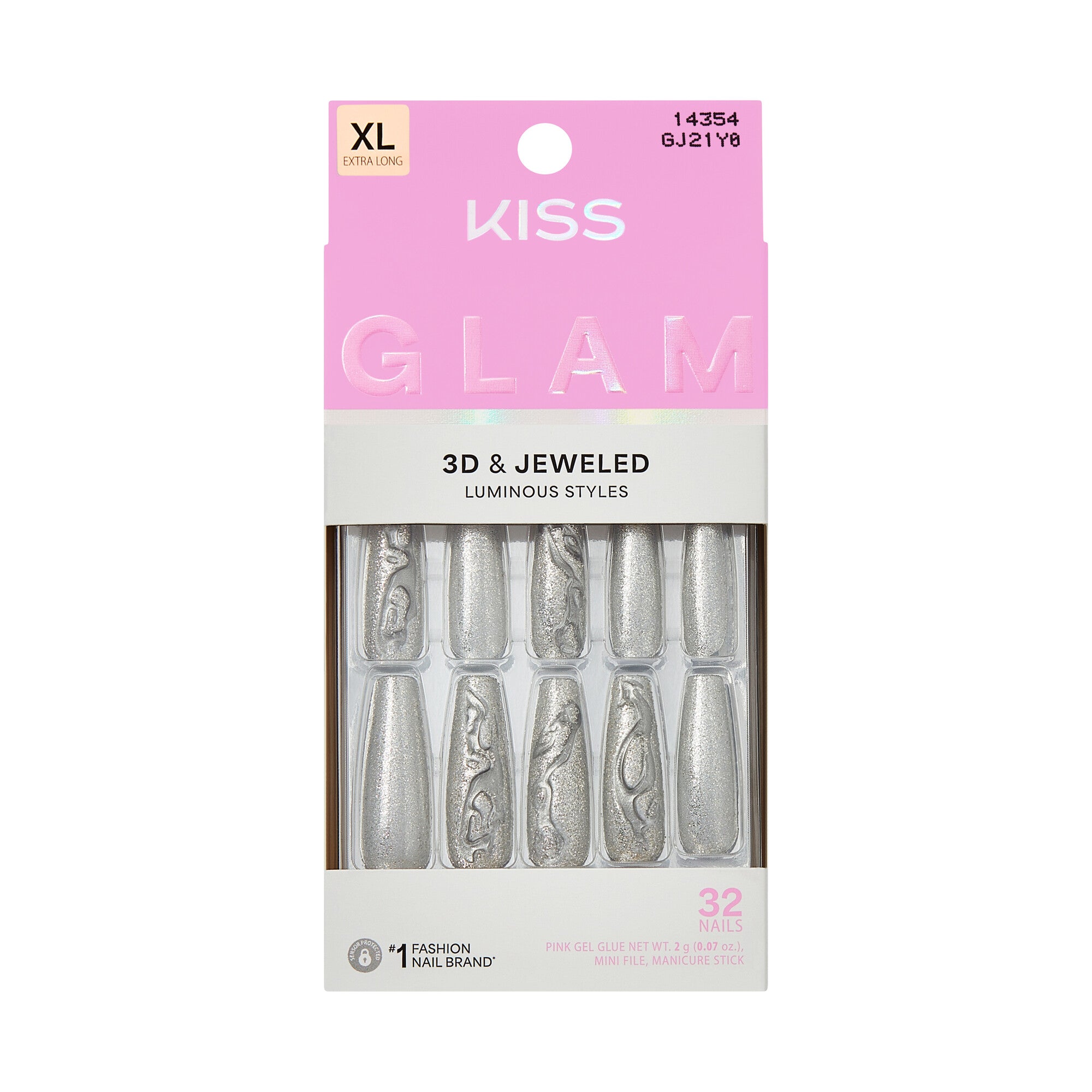 KISS GLAM XL Coffin Glue-On Nails – Chrome Sparkle - Up To Date official pack