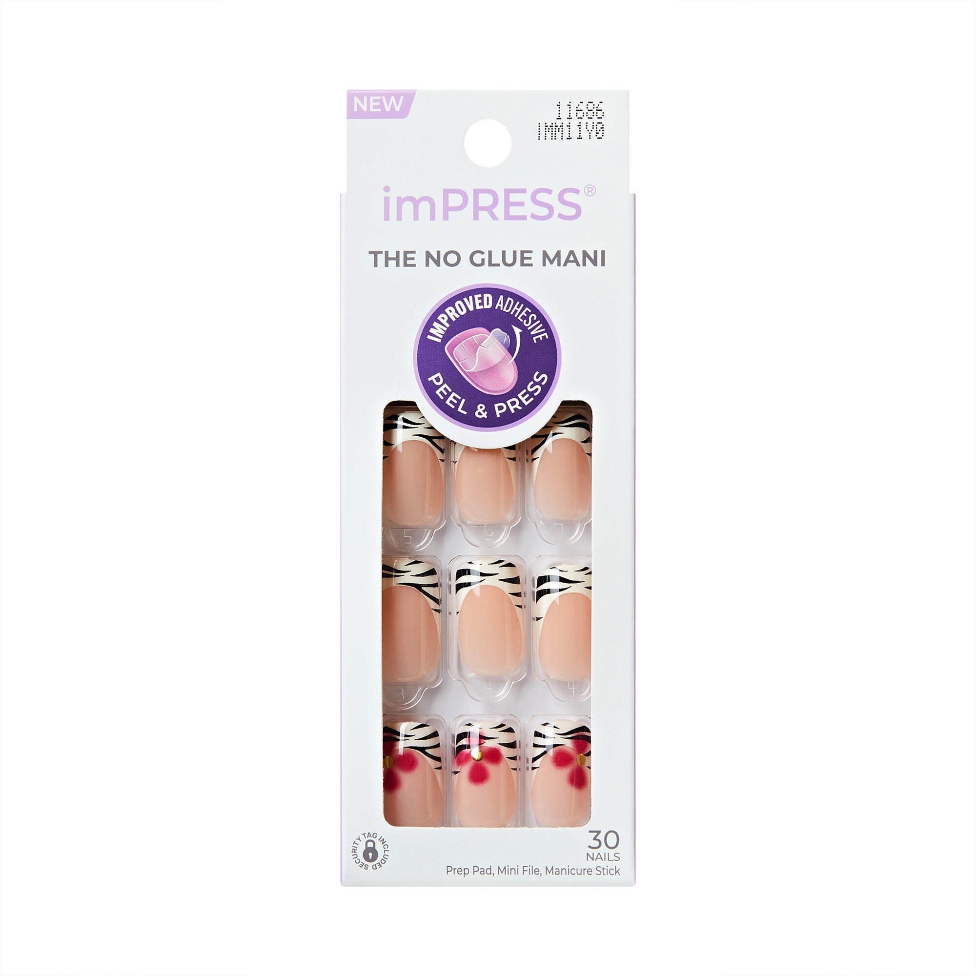 KISS imPRESS The No Glue Mani Medium Square Zebra French Tip Press-On Nails with Pink Floral Accents – Frilly - KS imPRESS Nails - Frilly official pack
