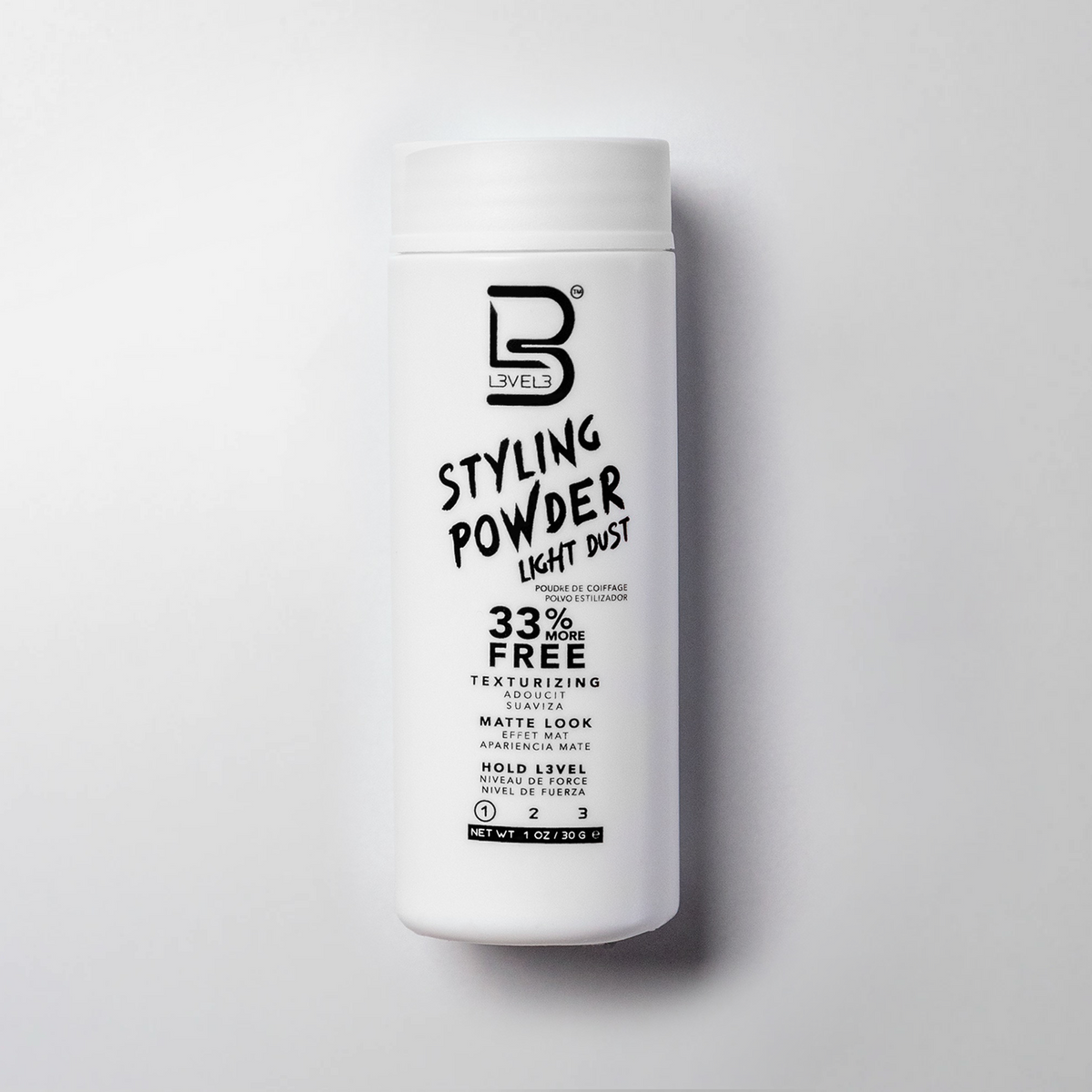 L3 Level 3 Styling Powder Light Hold 30.0 g — official pack photo L3-POWDER-WHITE-30GR (L3VEL3-Styling-Powder.png) from lv3.com