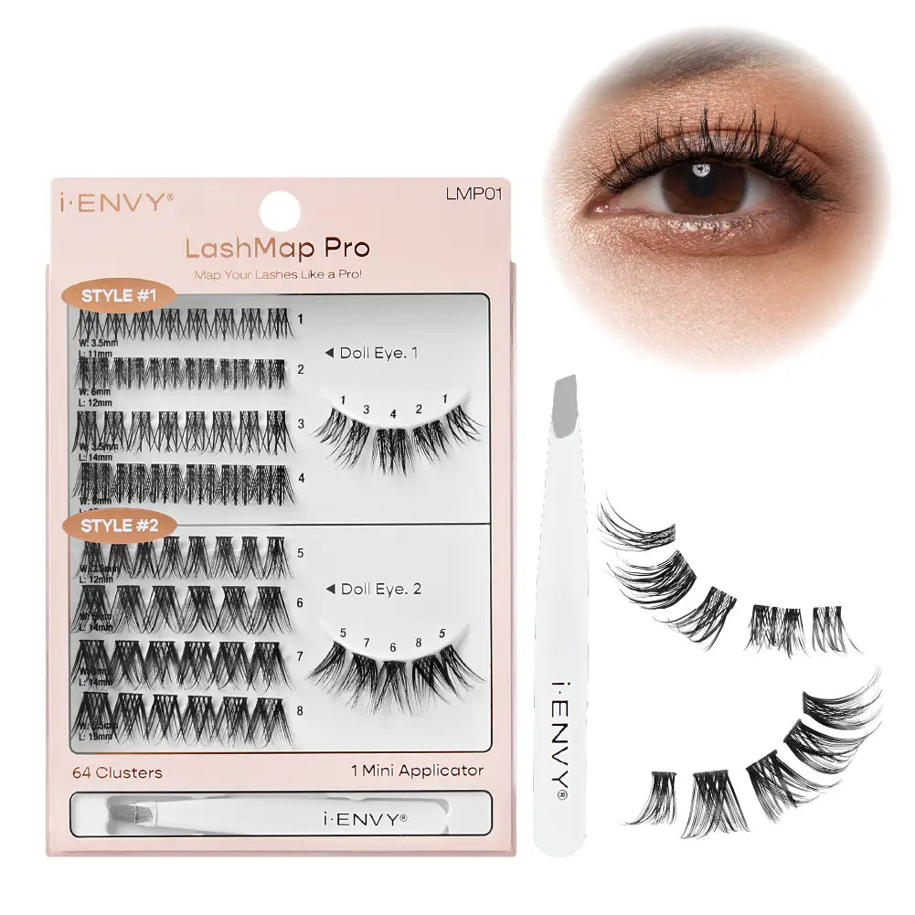 I-ENVY LashMap Pro Lash Cluster Kit with Mini Tweezer - Beginner Friendly DIY Eyelash Extensions - Doll Eye official pack