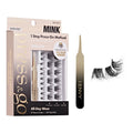 MINK01_main "A set of false eyelashes in various sizes. The lashes are black and have a feathery, dramatic appearance, with long, wispy strands that create a voluminous look. They are arranged in a way that showcases the different lengths, making them sui
