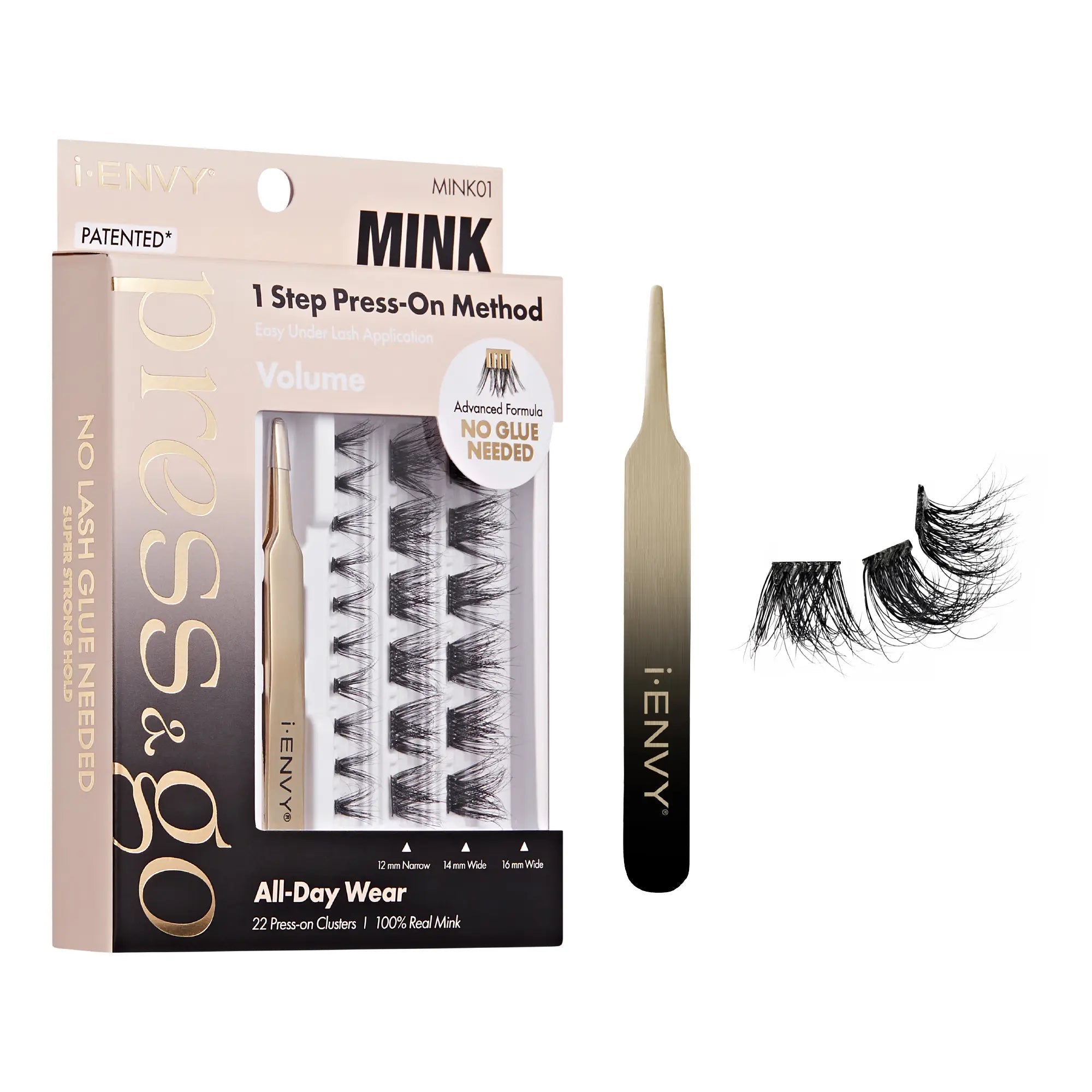 MINK01_main "A set of false eyelashes in various sizes. The lashes are black and have a feathery, dramatic appearance, with long, wispy strands that create a voluminous look. They are arranged in a way that showcases the different lengths, making them sui