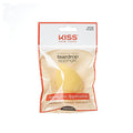 MUS03_main "A packaged product from the brand "KISS New York." The product is a "Professional Makeup Teardrop Sponge." The packaging is primarily transparent, allowing the yellow teardrop-shaped sponge inside to be visible. The top of the package features the brand name "KISS New York" in red text. Below the brand name, it states "Professional Makeup teardrop sponge." There is a red banner towards the bottom of the package that reads "Streak-free Application" in white text."