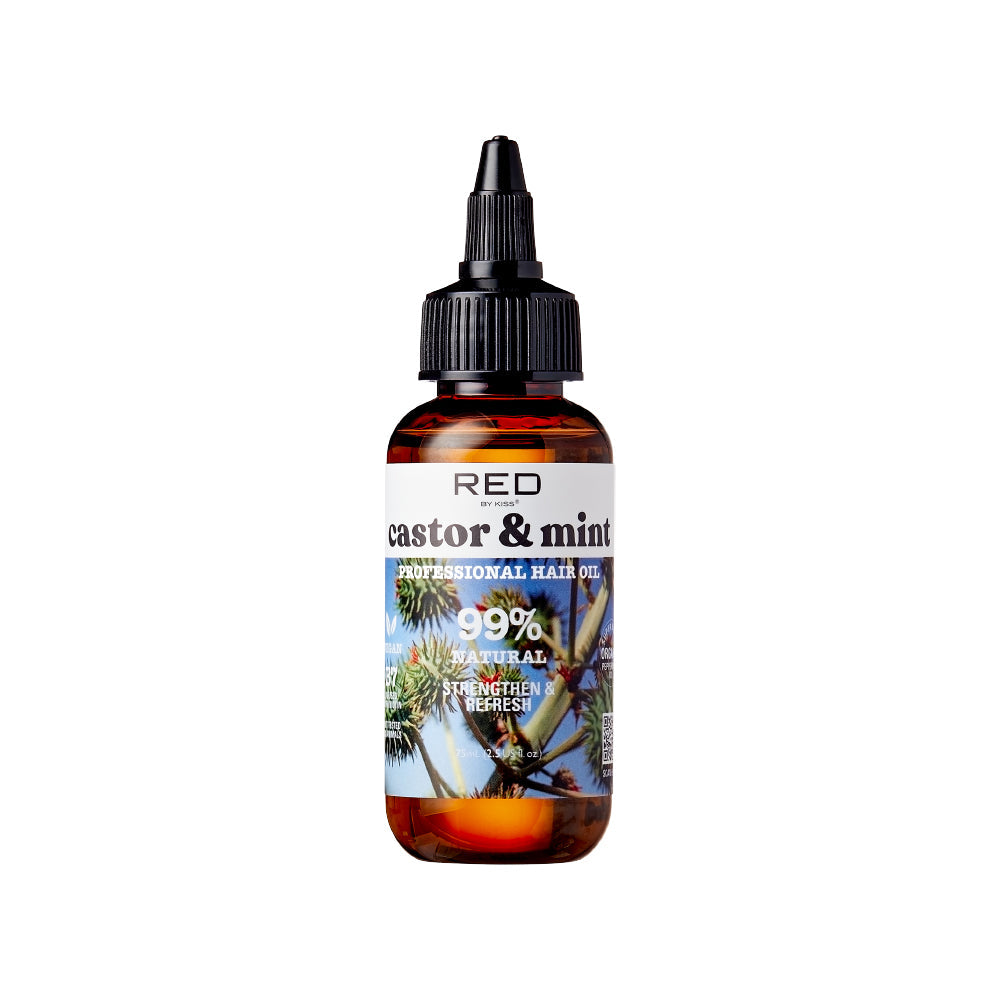NHL14_main "A small amber-colored bottle with a black dropper cap. The label on the bottle reads "RED castor & mint PROFESSIONAL HAIR OIL" and indicates that it is "99% NATURAL." The label also features an image of castor plant leaves and mint leaves. The