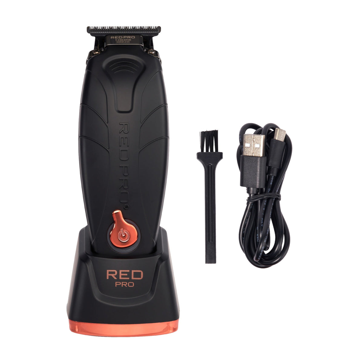 PCT02_main "The packaging of a "RED PRO" cordless trimmer. The box is predominantly black with red and white text. The trimmer itself is prominently displayed on the front of the box."