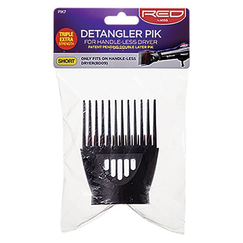 PIK7_main "A black hair dryer attachment with a comb-like design. The attachment features multiple long, thin prongs arranged in rows, which are likely used for detangling and styling hair while drying. The base of the attachment is cylindrical, designed to fit onto the nozzle of a hair dryer. The prongs are black with red accents visible between them, adding a touch of color to the otherwise monochromatic design. The overall appearance is sleek and functional, intended for use in hair care and styling."