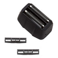 PSA02_main "A set of replacement parts for an electric shaver. The main component is a black, rectangular shaving head with two foil screens. Below the shaving head, there are two smaller, rectangular components, which appear to be replacement blades or guards. The design is sleek and functional, intended for grooming and personal care."