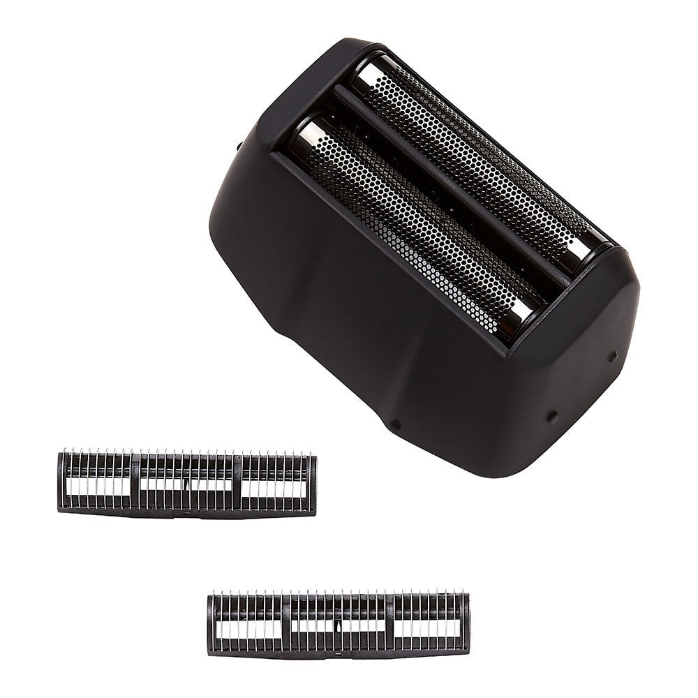 PSA02_main "A set of replacement parts for an electric shaver. The main component is a black, rectangular shaving head with two foil screens. Below the shaving head, there are two smaller, rectangular components, which appear to be replacement blades or guards. The design is sleek and functional, intended for grooming and personal care."
