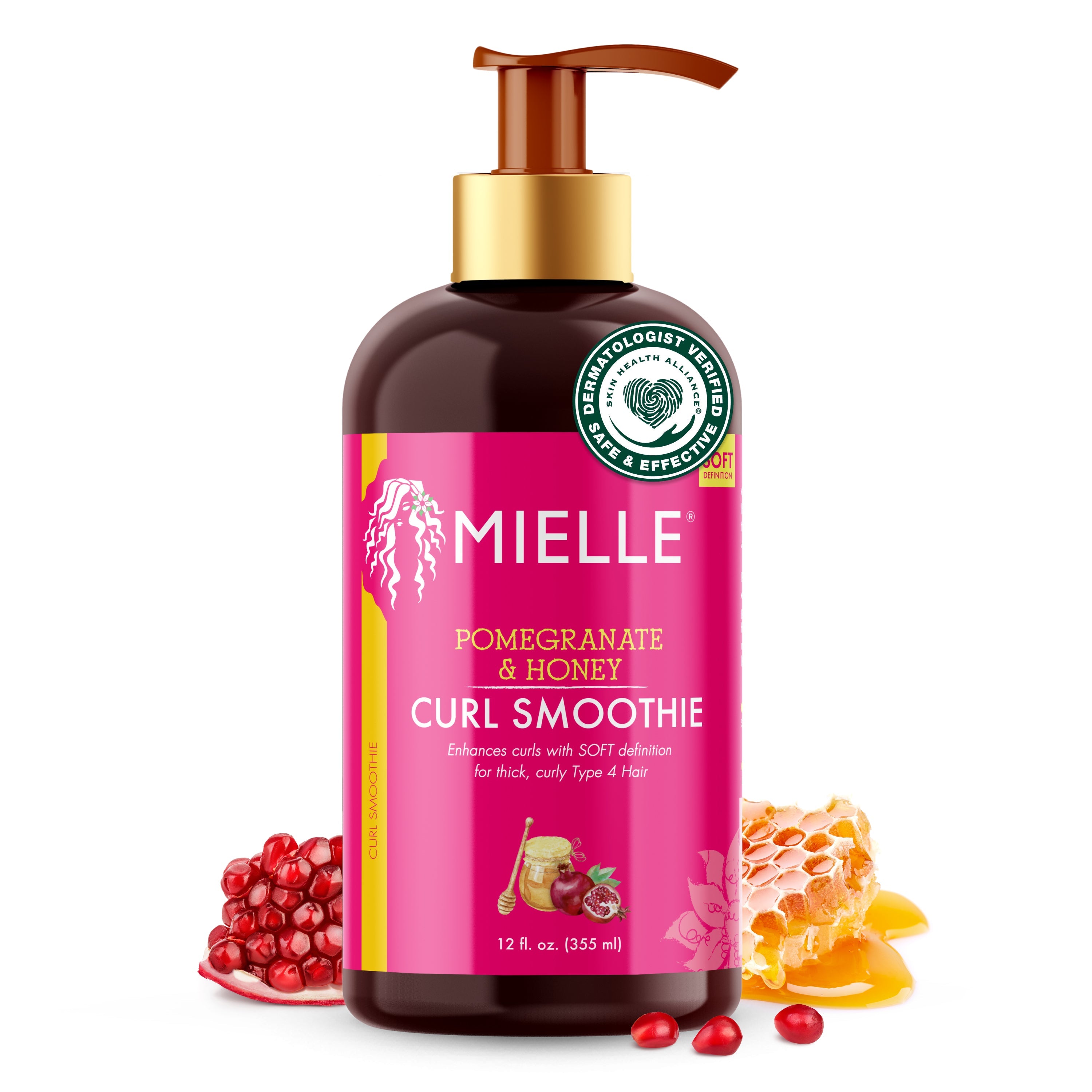 Mielle Pomegranate & Honey Smoothie 12oz — official pack photo pomegranate-honey-curl-smoothie (Packshot.jpg) from mielleorganics.com