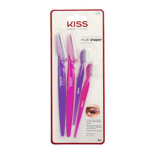 RMB01_main "A packaged set of four multi shaper tools from the brand "KISS New York." The package is labeled "Multi Shaper SHAPE & TRIM BROWS." The tools are designed for shaping and trimming eyebrows and can also be used for other facial hair. The set includes four tools in different colors: purple, pink, and blue."