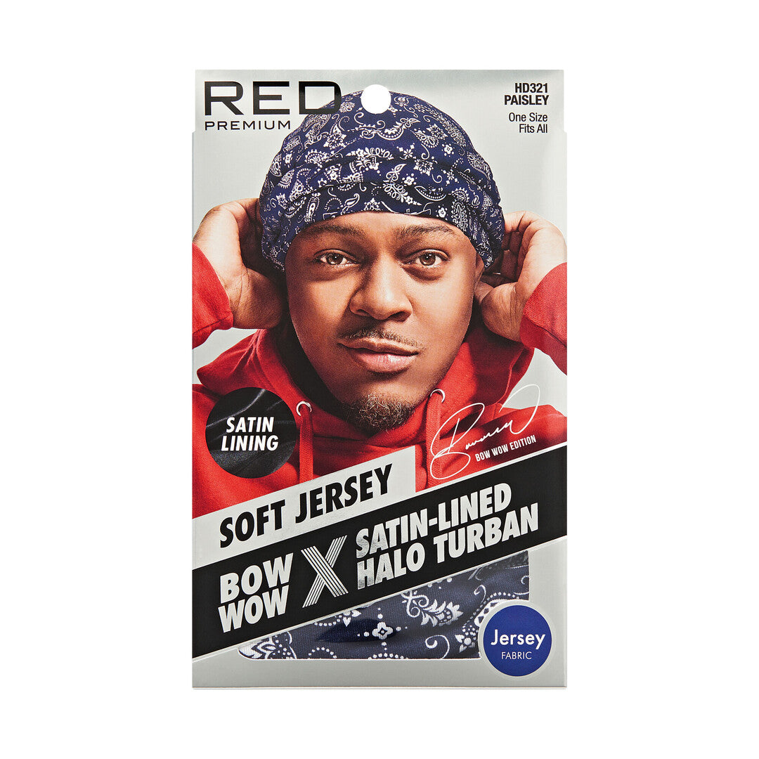 RED Premium Bow Wow Satin-Lined Halo Turban, Pre-Tied Headwrap with Beaded Tassels & Patterns official pack
