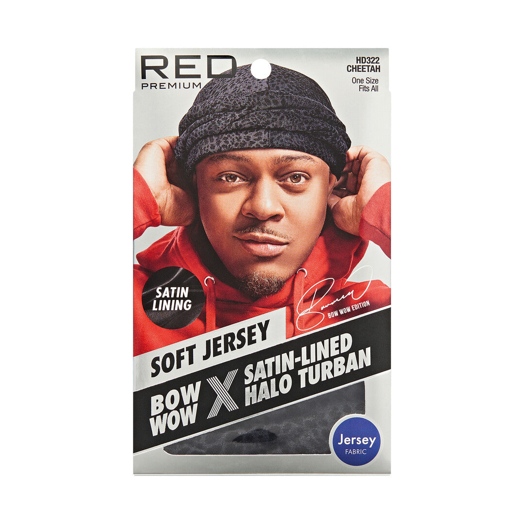 RED Premium Bow Wow Satin-Lined Halo Turban, Pre-Tied Headwrap with Beaded Tassels & Patterns official pack