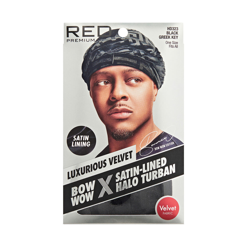 RED Premium Bow Wow Satin-Lined Halo Turban, Pre-Tied Headwrap with Beaded Tassels & Patterns official pack