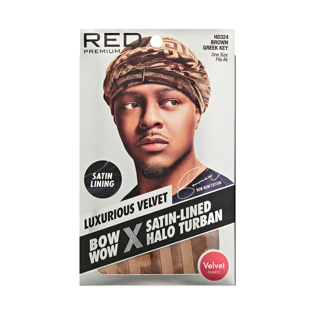 RED Premium Bow Wow Satin-Lined Halo Turban, Pre-Tied Headwrap with Beaded Tassels & Patterns official pack