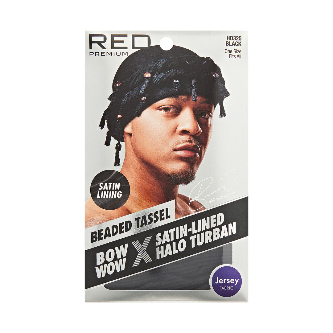 RED Premium Bow Wow Satin-Lined Halo Turban, Pre-Tied Headwrap with Beaded Tassels & Patterns official pack