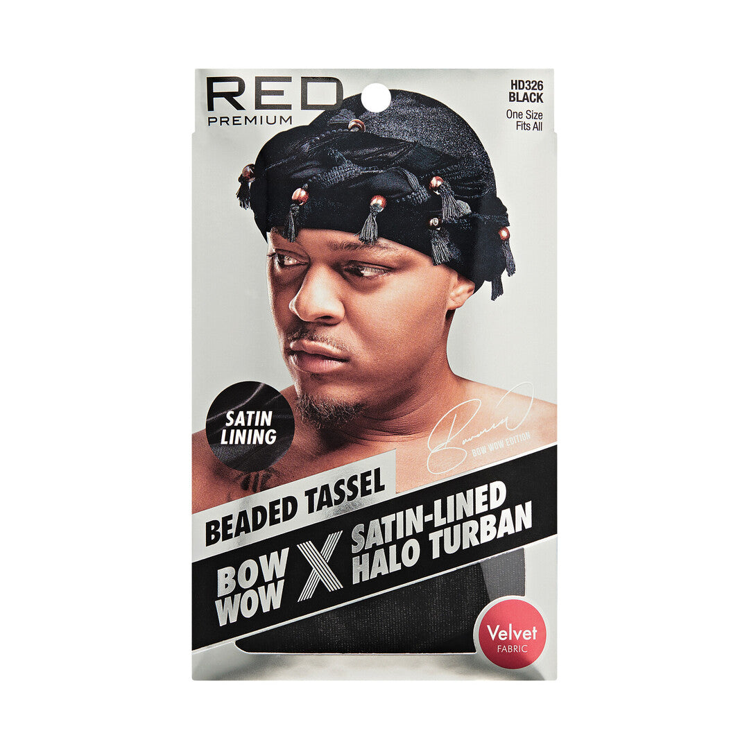 RED Premium Bow Wow Satin-Lined Halo Turban, Pre-Tied Headwrap with Beaded Tassels & Patterns official pack