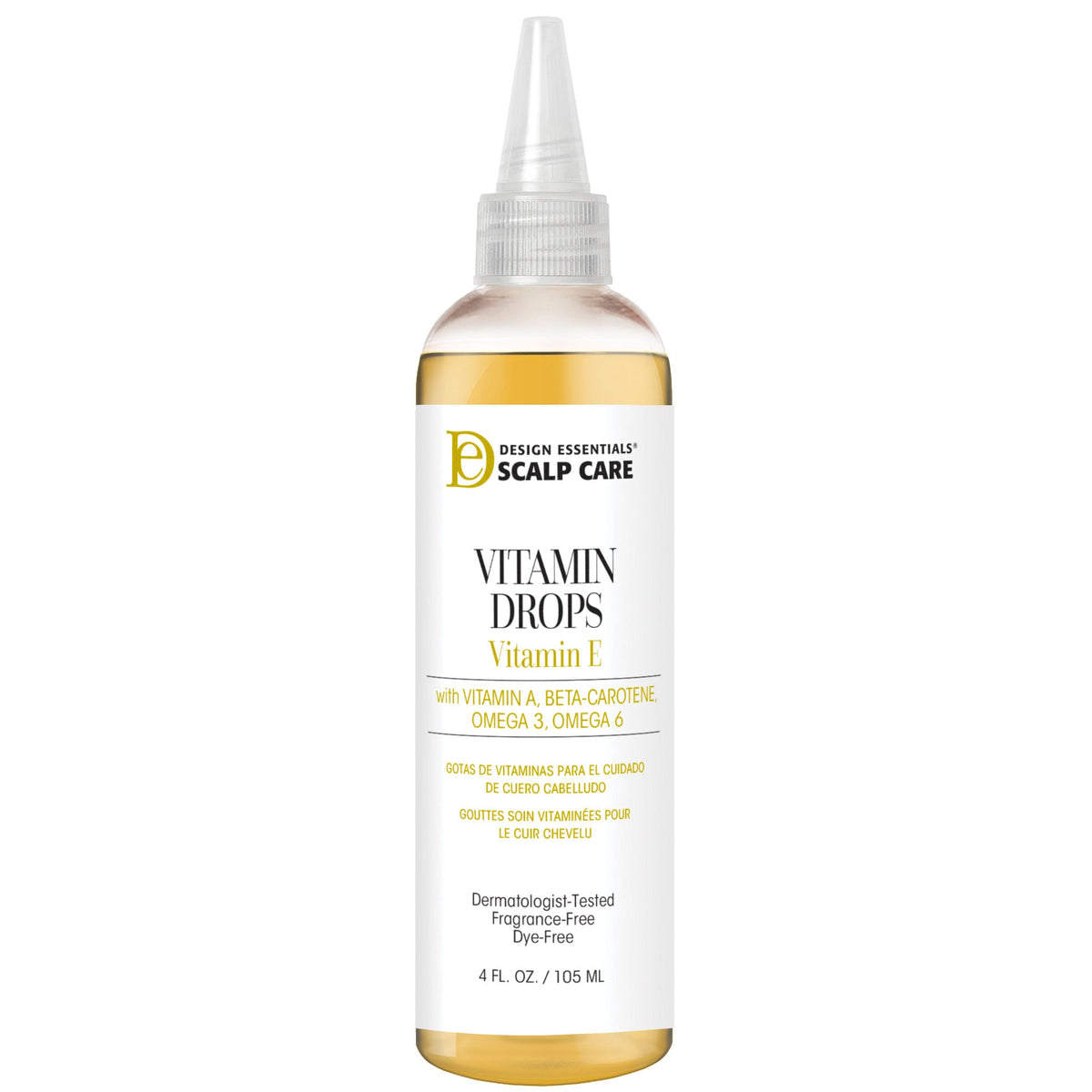 Design Essentials Scalp & Skin Care Vitamin Drops 4oz — official pack photo 40503 (SC-VITDROPS-0523-FRONT_251bba96-9673-40c8-9b75-046f7a151b16.jpg) from designessentials.com