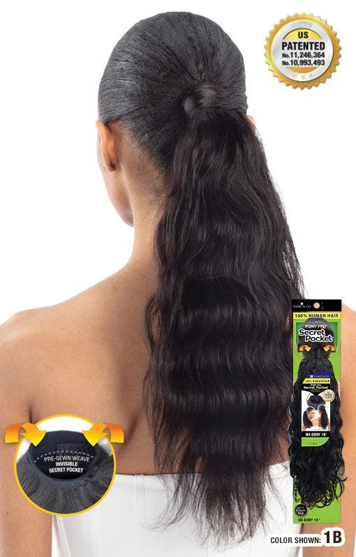 Shake N Go Secret Pocket Pony Pro - Human Hair Body 18" — official pack photo (SPZBD18_01_PKG.jpg) from snghair.com