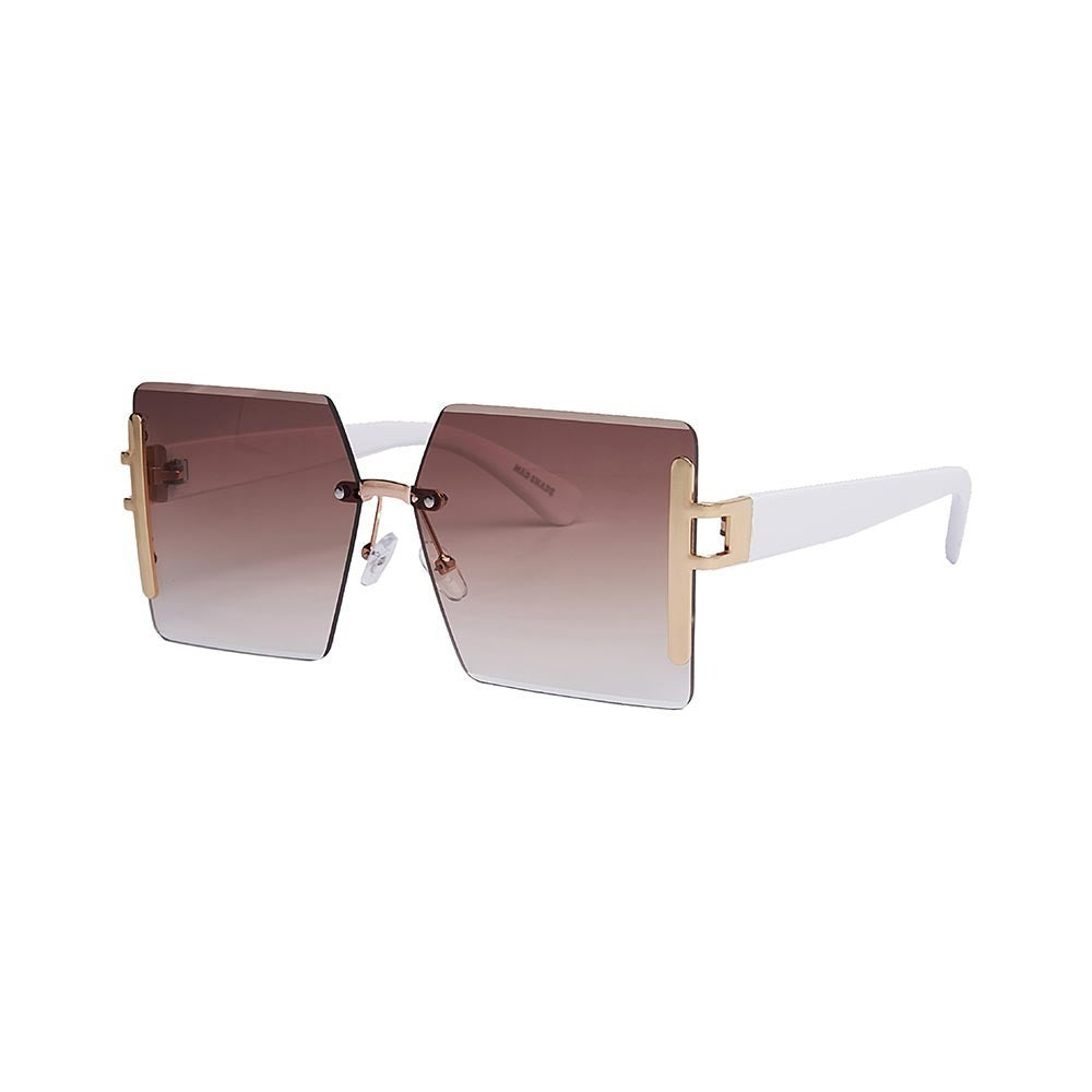 SUN01V2_main "A pair of stylish sunglasses with a modern design. The sunglasses have large, square-shaped lenses with a gradient tint that transitions from a darker shade at the top to a lighter shade at the bottom. The lenses are rimless, giving them a s