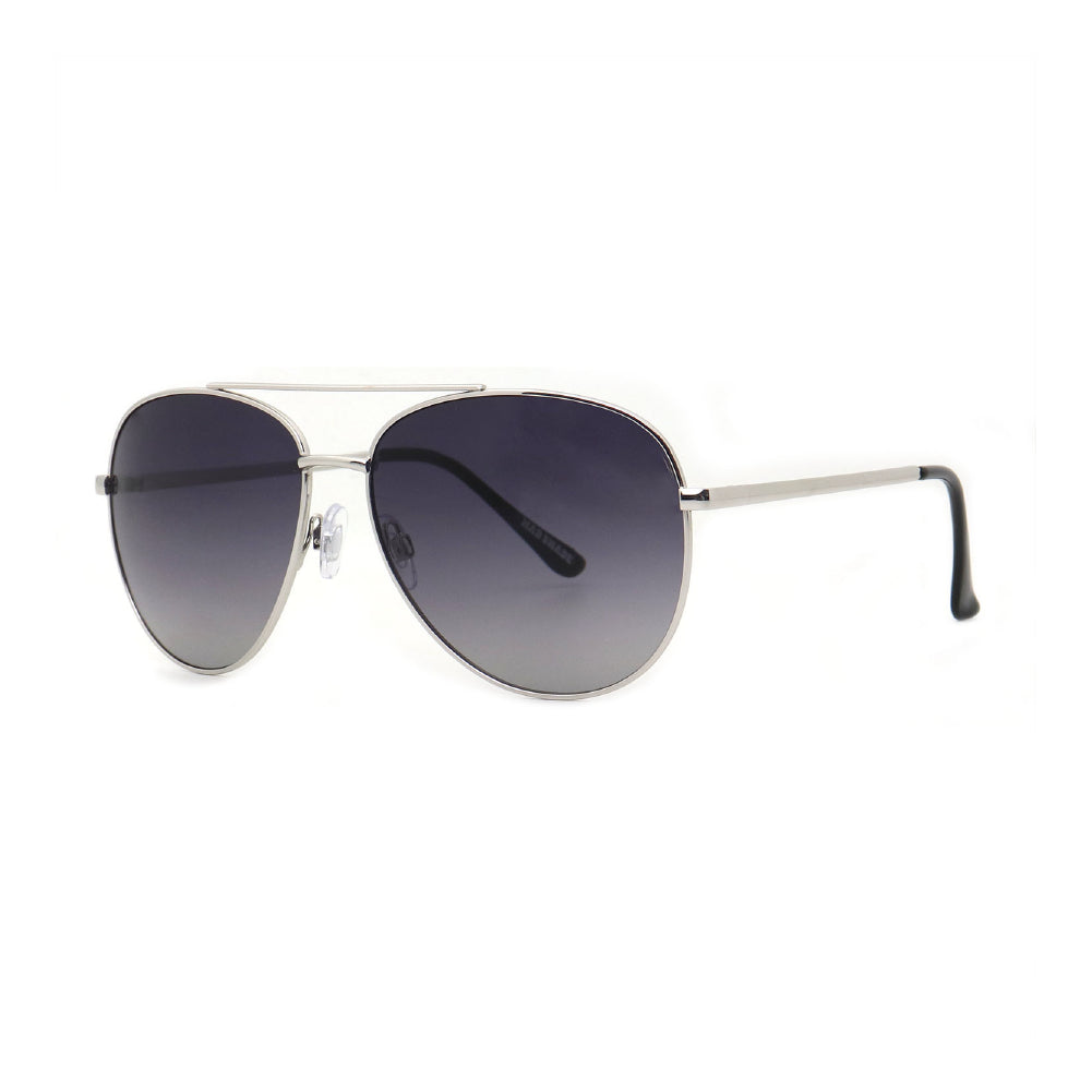 SUN02V6_main "A pair of stylish aviator sunglasses. The lenses are tinted in a gradient from dark purple at the top to a lighter shade at the bottom. The frame is metallic gold, giving it a sleek and modern look. The design includes a double bridge at the