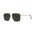 SUN04V6_main "A pair of stylish sunglasses with a square frame. The frame is gold in color, giving it a sleek and modern appearance. The lenses are dark green, providing a classic look while offering UV protection. The design includes a double bridge at t