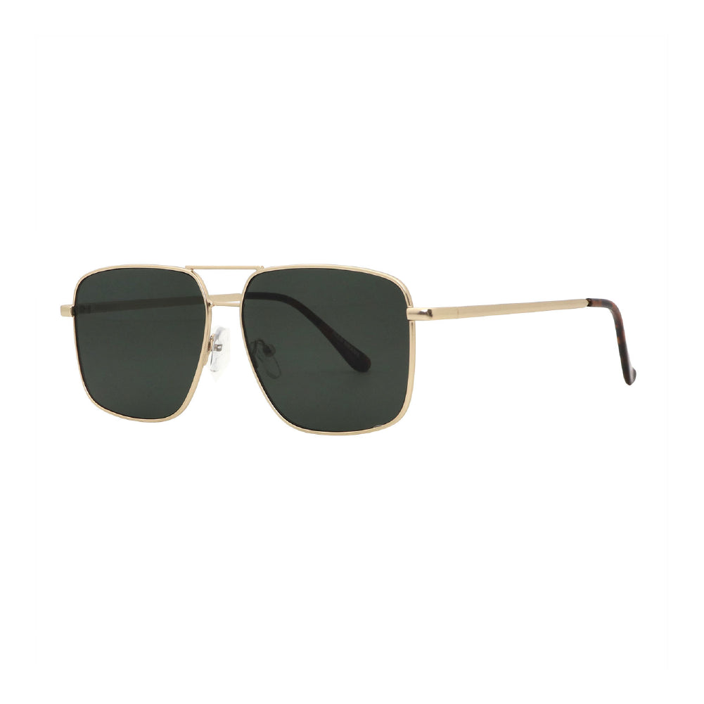 SUN04V6_main "A pair of stylish sunglasses with a square frame. The frame is gold in color, giving it a sleek and modern appearance. The lenses are dark green, providing a classic look while offering UV protection. The design includes a double bridge at t