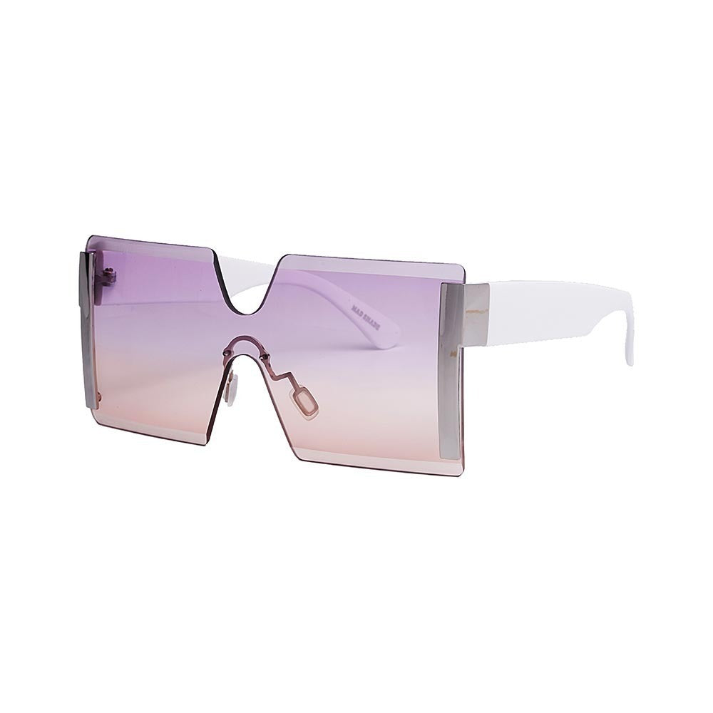 SUN05V2_main "A pair of stylish sunglasses with a unique, modern design. The lenses are large and rectangular, with a gradient tint that transitions from purple at the top to a light orange at the bottom. The frame is minimalistic, with a metallic finish 