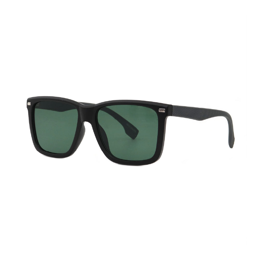 SUN05V6_main "A pair of stylish sunglasses with a bold, square frame. The frame is predominantly black, giving it a sleek and modern appearance. The lenses are tinted in a green shade, providing a contrast to the dark frame. The design is simple yet fashi