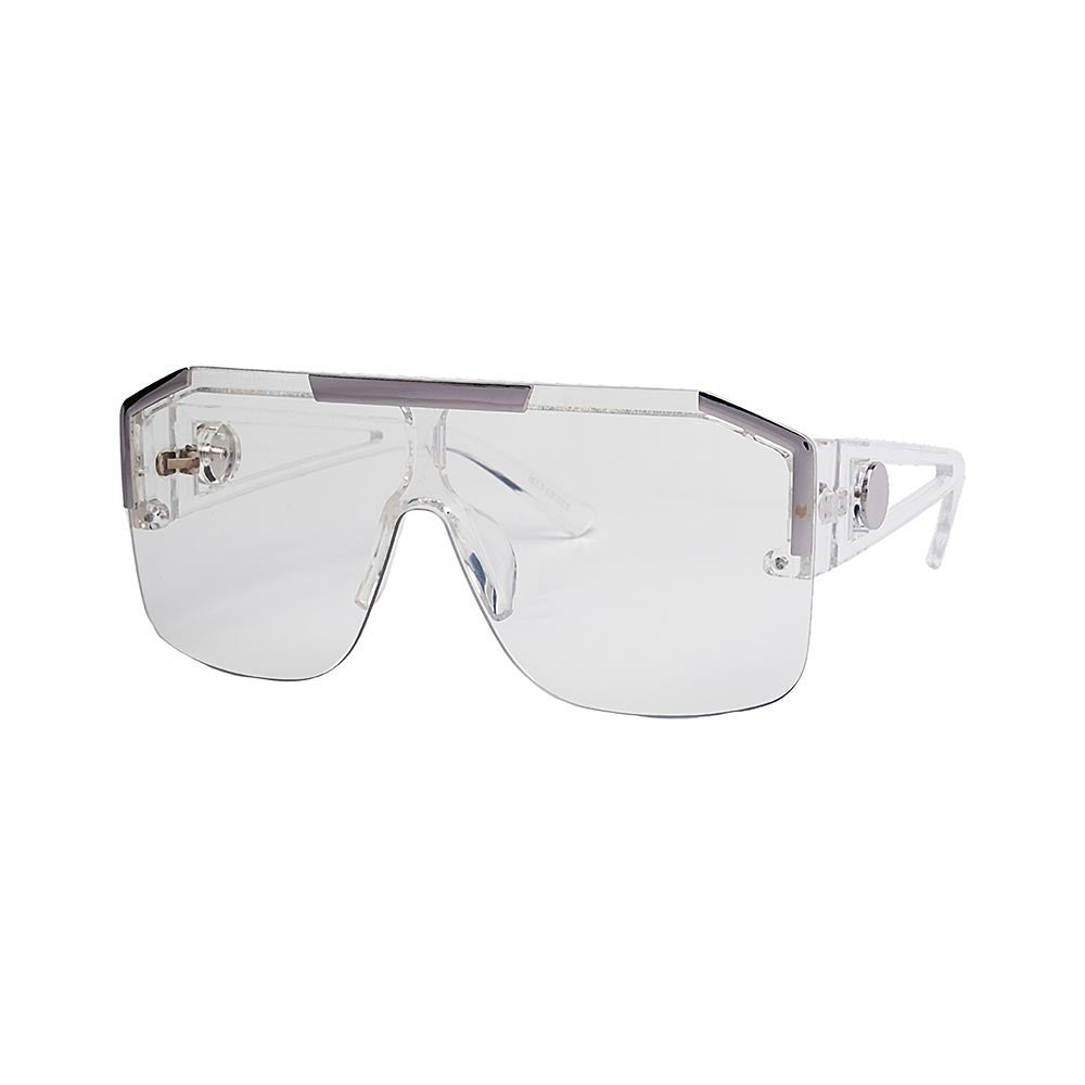 SUN07V2_main "A pair of clear, rectangular, oversized sunglasses with a modern and minimalist design. The frame is transparent, giving it a sleek and futuristic appearance. The lenses are also clear, and the bridge of the glasses is straight and wide. The