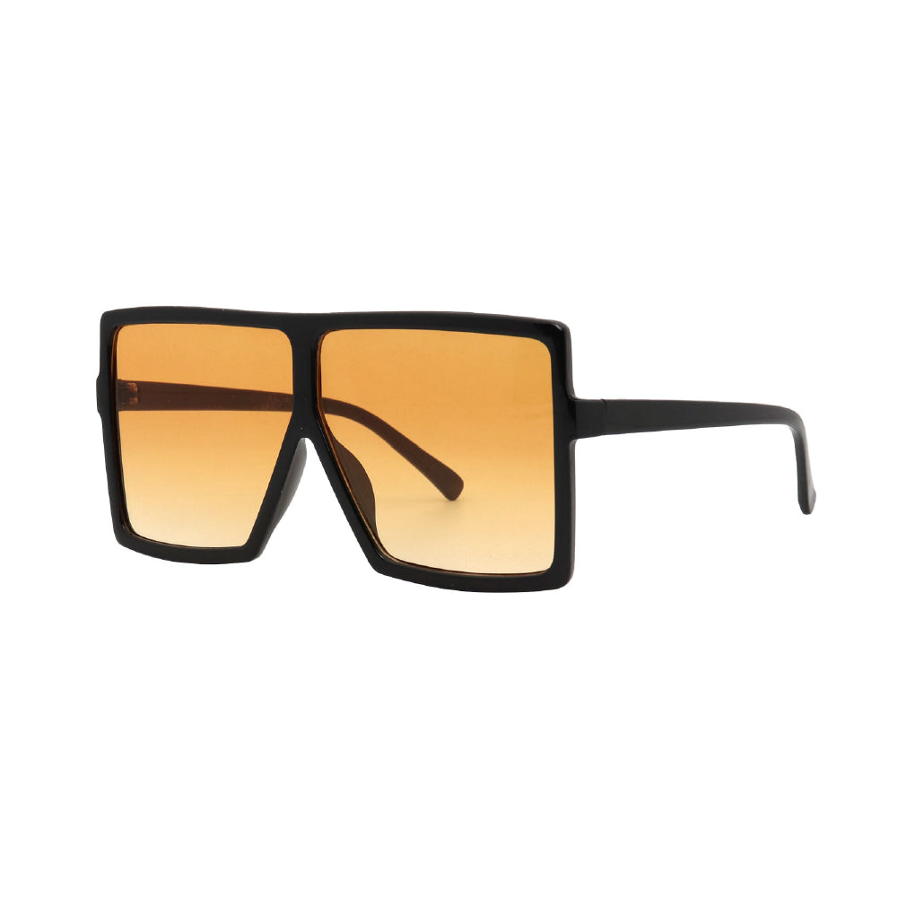 SUN07V6_main "Angled side view of oversized black flat-top sunglasses with orange gradient lenses on a white background."
