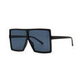 SUN08V6_main "Front view of oversized black sunglasses with dark blue lenses on a white background."