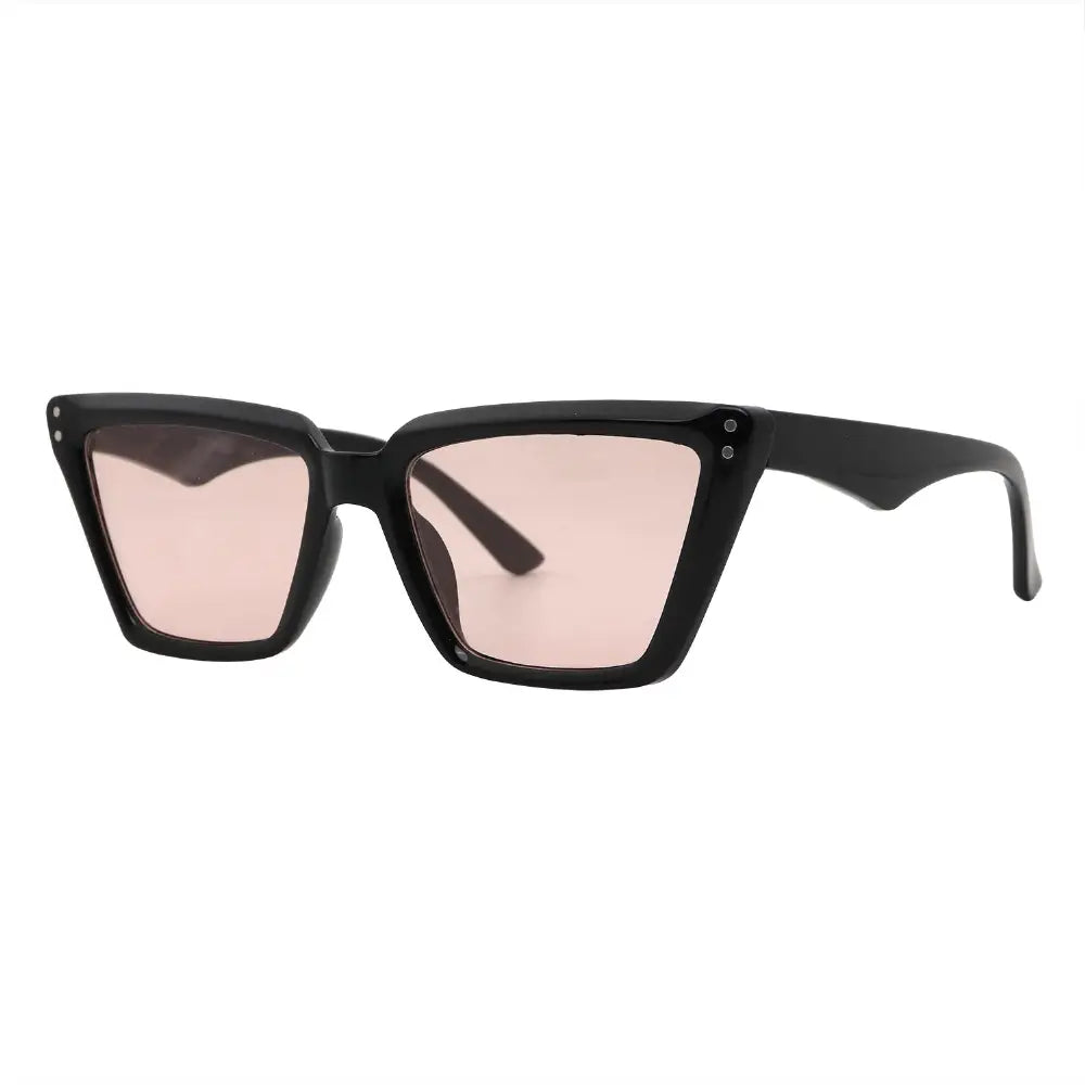 SUN09V5_main "A pair of stylish sunglasses with a bold, angular design. The frames are predominantly black, showcasing a distinctive cat-eye shape that adds a modern flair. The lenses are tinted in a soft pink hue, providing a chic contrast to the dark fr