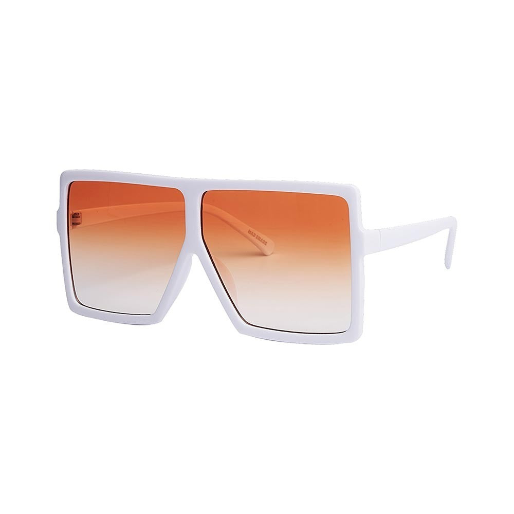 SUN10V2_main "A pair of sunglasses with a modern, stylish design. The sunglasses have a large, rectangular frame in a light color, possibly white or light gray. The lenses are gradient, transitioning from a darker amber or orange hue at the top to a light