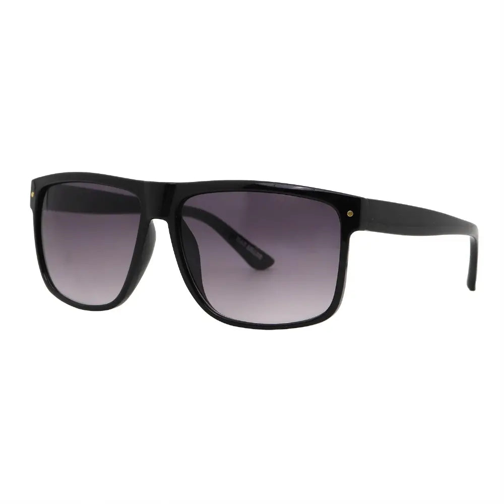 SUN11V5_main "A pair of stylish sunglasses with a bold, square frame. The frame is predominantly black, giving it a sleek and modern appearance. The lenses are tinted in a gradient from dark purple at the top to a lighter shade at the bottom, providing a 
