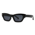 SUN12V5_main "A pair of stylish sunglasses with a bold, angular design. The frames are predominantly black and have a distinctive cat-eye shape, giving them a fashionable and edgy look. The lenses are dark, providing a sleek appearance, and there are smal