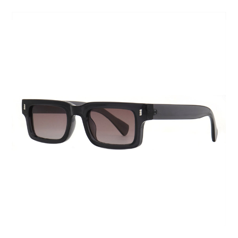 SUN12V6_main "A pair of stylish sunglasses with a bold, rectangular frame. The frame is predominantly black, and the lenses have a gradient tint that transitions from a darker shade at the top to a lighter shade at the bottom, giving them a sleek appearan