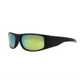 SUN14V6_main "A pair of sporty sunglasses with a sleek black frame. The lenses are reflective, displaying a gradient of yellow and green hues. The design is aerodynamic, suggesting they are suitable for outdoor activities or sports. The overall look is mo