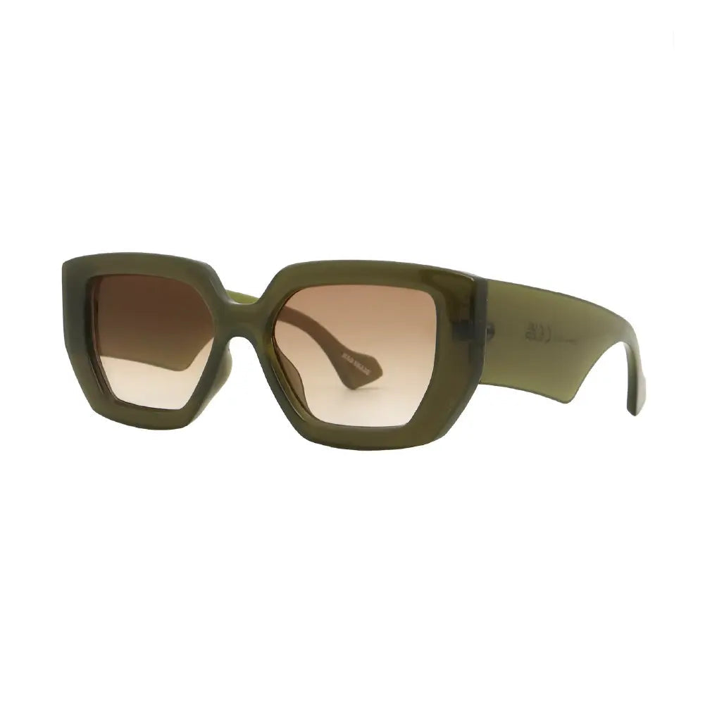 SUN16V6_main "A pair of oversized sunglasses with a unique geometric shape. The frames are a muted olive green color, and the lenses have a gradient effect, transitioning from a light peach at the top to a darker shade at the bottom. The design is bold an