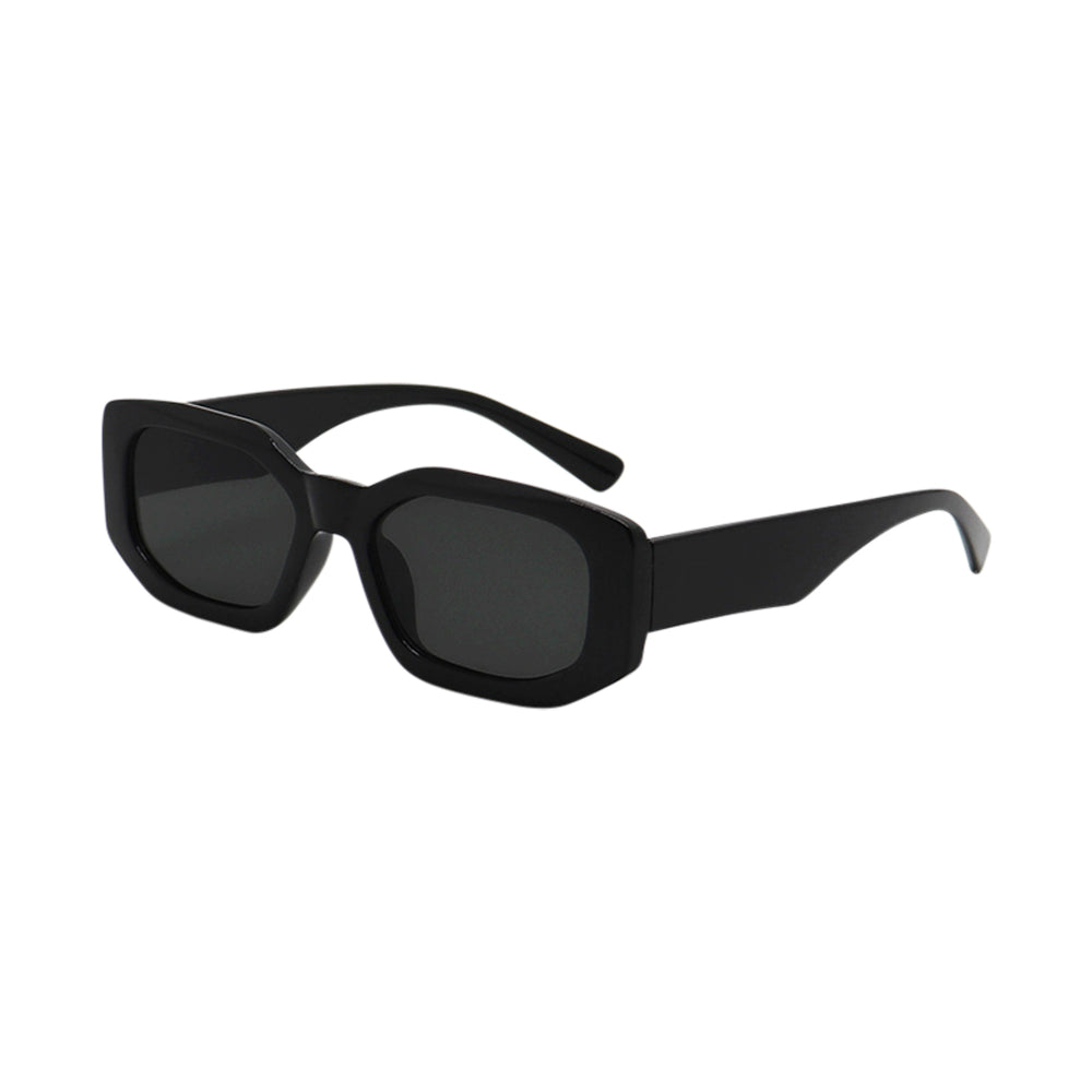 SUN18V3_main "A pair of sunglasses with a modern, rectangular design. The frames are black and have a thick, bold appearance. The lenses are dark, providing a high level of sun protection. The temples of the sunglasses are also black and appear to be stur