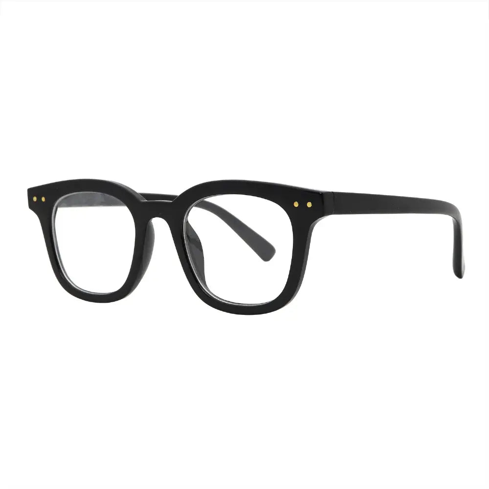 SUN20V5_main "A pair of stylish eyeglasses with a bold, black frame. The design is characterized by a square shape with slightly rounded edges, giving it a modern and sophisticated look. The glasses have clear lenses and are adorned with two small gold do