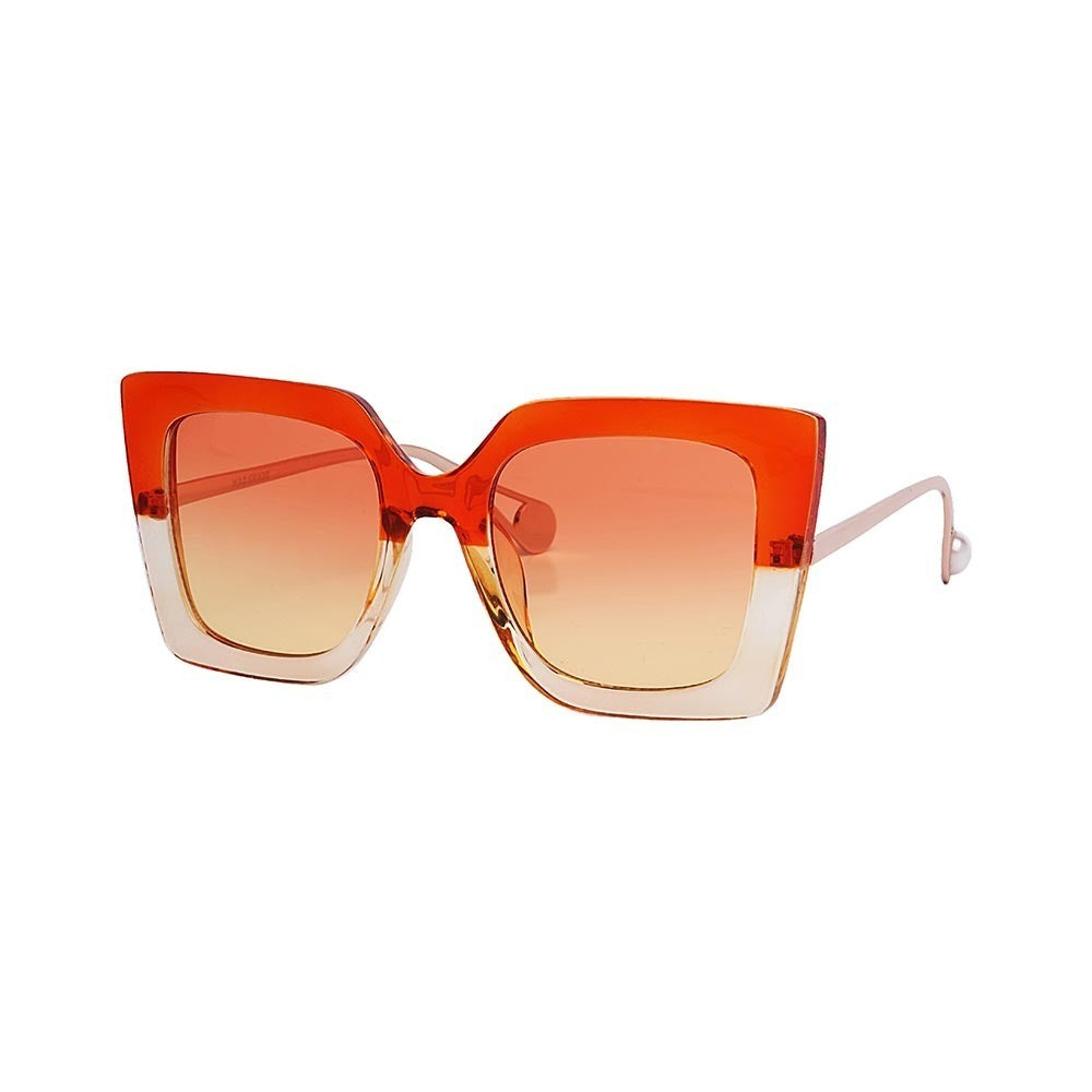 SUN21V2_main "A pair of stylish sunglasses with a bold, square frame design. The frame is predominantly orange at the top, gradually transitioning to a lighter, almost translucent color towards the bottom. The lenses are tinted, providing a gradient effec