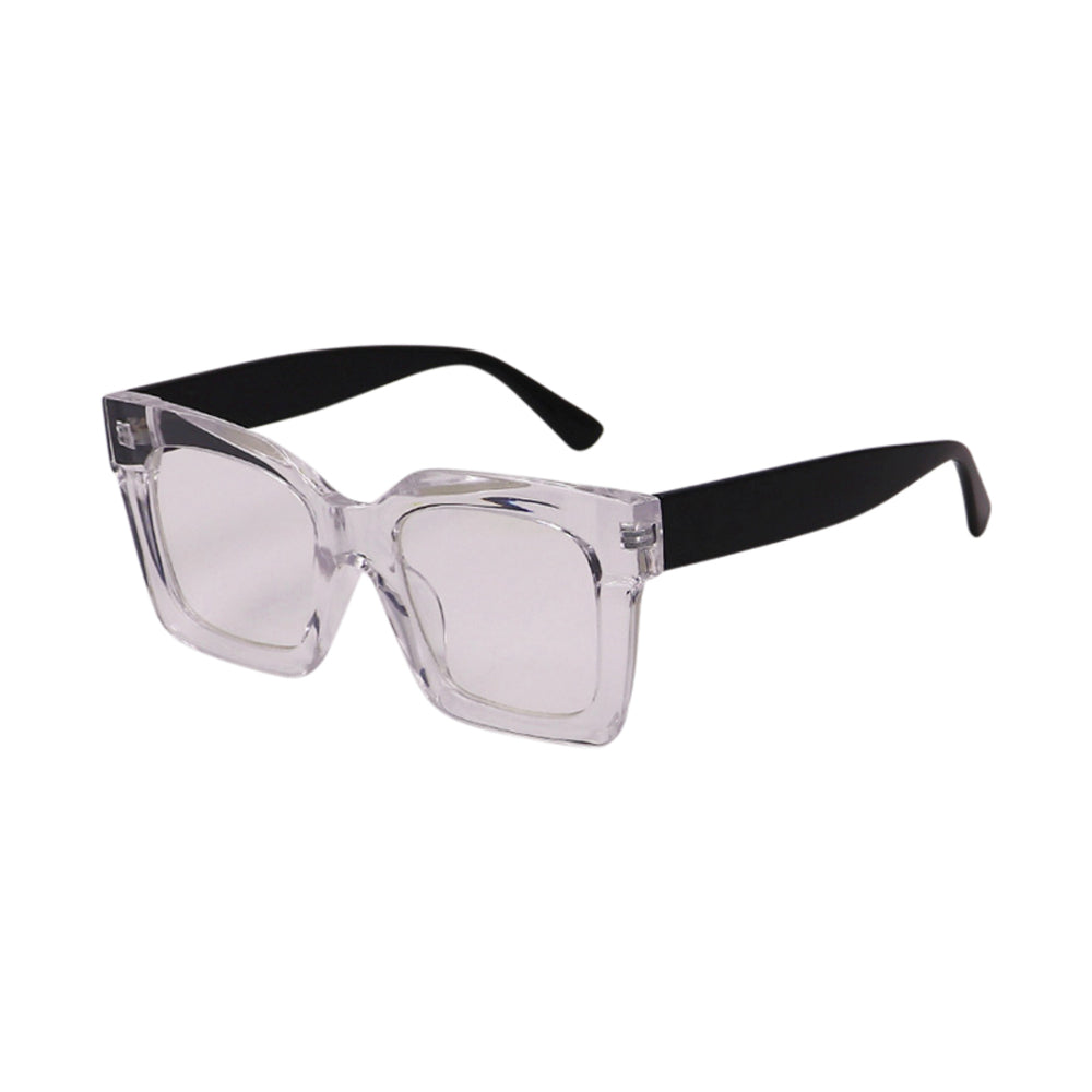SUN22V3_main "A pair of eyeglasses with clear, rectangular frames. The lenses are also clear, and the temples (arms) of the glasses are black. The design is modern and minimalist, with a focus on transparency and simplicity. The glasses have a bold, struc