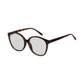 SUN29V3_main "A pair of eyeglasses with a tortoiseshell frame. The frame is characterized by a mix of dark brown and lighter amber hues, giving it a mottled appearance. The glasses have a rounded, slightly oversized shape with clear lenses. The temples (a