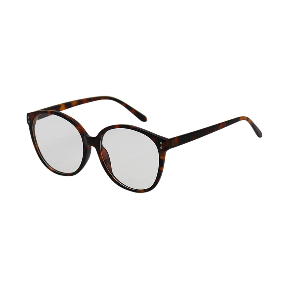 SUN29V3_main "A pair of eyeglasses with a tortoiseshell frame. The frame is characterized by a mix of dark brown and lighter amber hues, giving it a mottled appearance. The glasses have a rounded, slightly oversized shape with clear lenses. The temples (a