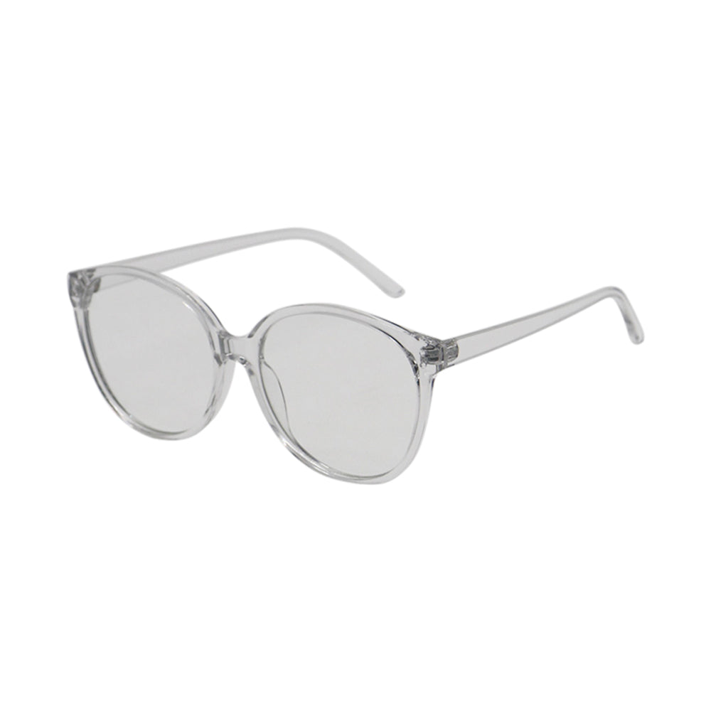SUN30V3_main "A pair of eyeglasses with clear, transparent frames. The lenses are round and the frame has a slightly thicker border around the lenses. The temples (arms) of the glasses are also clear and extend straight back from the frame. The overall de
