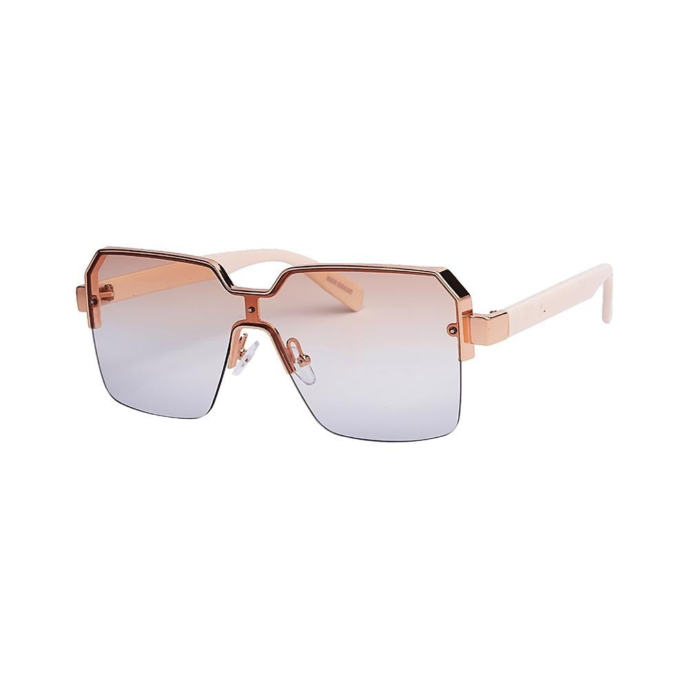 SUN31V2_main "A pair of stylish sunglasses with a modern design. The sunglasses have a geometric, oversized frame with a unique angular shape. The frame is a metallic gold color, giving it a luxurious and fashionable appearance. The lenses are gradient, t