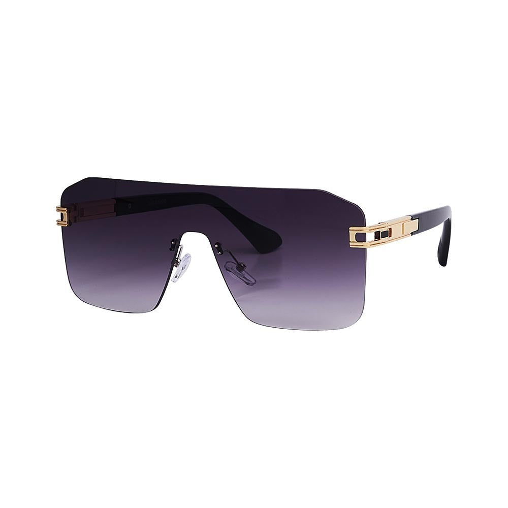 SUN32V2_main "A pair of stylish sunglasses with a modern design. The sunglasses have a single, continuous lens that spans across both eyes, creating a sleek, visor-like appearance. The lens is tinted with a gradient effect, transitioning from dark at the 