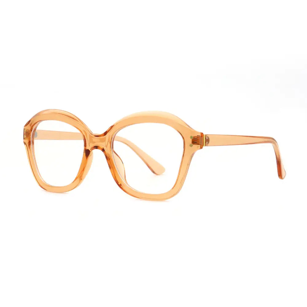 SUN36V5_main "Front view of oversized round amber glasses with clear lenses on a white background."