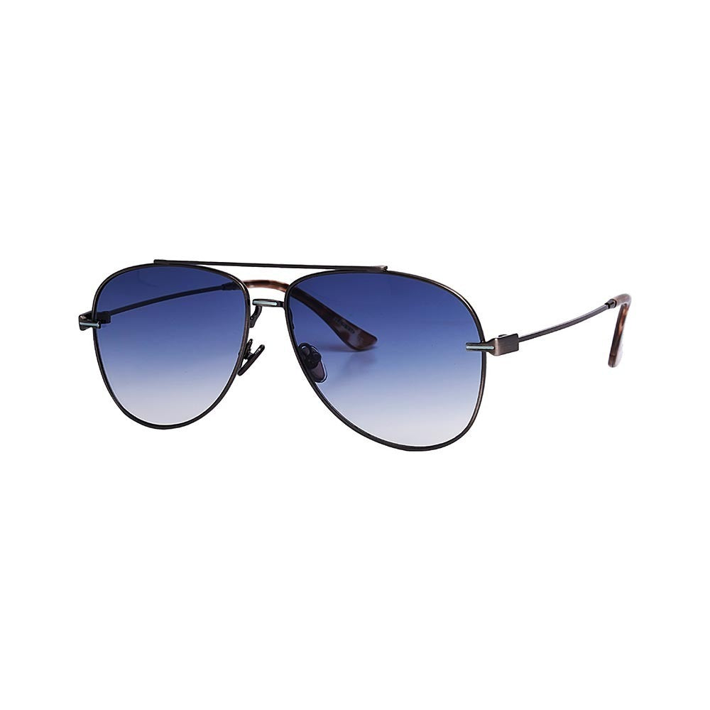 SUN37V2_main "A pair of aviator-style sunglasses. The sunglasses have a thin metal frame with a double bridge design. The lenses are gradient, transitioning from a darker blue at the top to a lighter blue at the bottom. The temples are also thin and metal